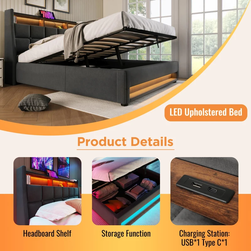 Vintage-Look King Bed with LED Lighting, Stylish Bed Frame with Gas-Lift Under-Bed Storage Space, 210L x 185W x 117H cm, Grey