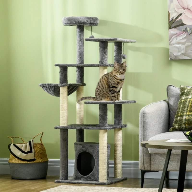 PawHut Arranhador para Gatos com Poste de Arranhar de Sisal Cama Caverna Plataformas e Bolas Suspensas 49x49x144 cm Cinza