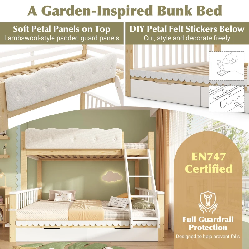 Playful Wooden Bunk Bed Frame with Storage Drawers, Solid Pine Twin Over Full Sleeper Bed for Kids Room, 195L x 140W x 154H cm, Natural+White