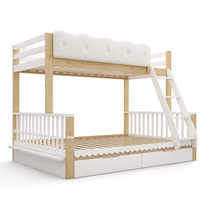 Playful Wooden Bunk Bed Frame with Storage Drawers, Solid Pine Twin Over Full Sleeper Bed for Kids Room, 195L x 140W x 154H cm, Natural+White