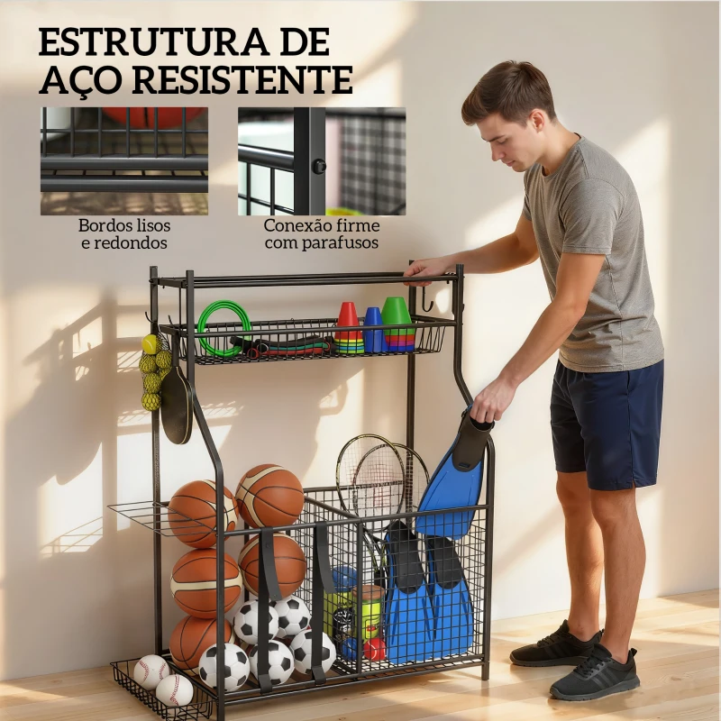 SPORTNOW Organizador de Equipamentos Desportivos com Cesta Ganchos Removíveis e Faixas Elásticas Suporte para Bolas 92x42x109 cm Preto