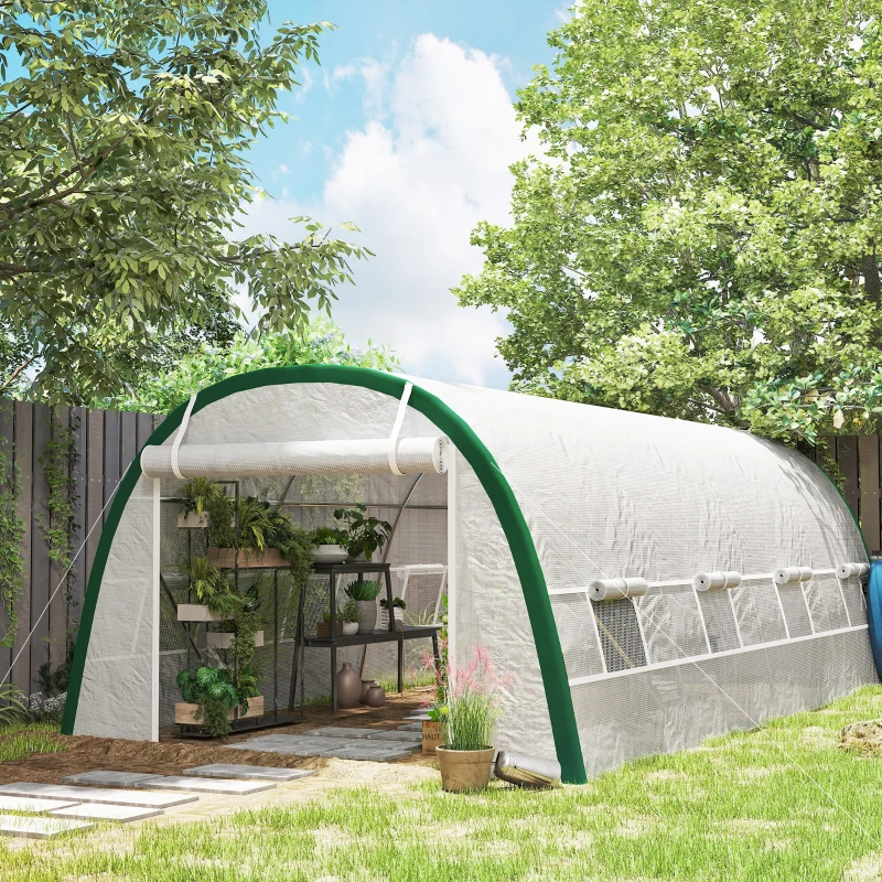 Outsunny Walk-in Polytunnel Greenhouse Tunnel Warm House Tent with Zipped Doors, 8 Mesh Windows, PE Cover, 6 x 3 m, White