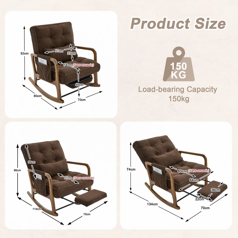 Cozy Rocking Chair with Adjustable Footrest and Side Pocket, Soft Corduroy Glider Armchair for Nursery, 92L x 80W x 70H cm, Coffee