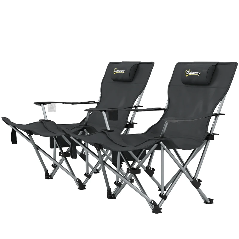 Outsunny 2er Set Campingstuhl faltbar Angelstuhl mit abnehmbar Fußstütze Kopfstütze Getränkehalter belastbar 120 kg Schwarz