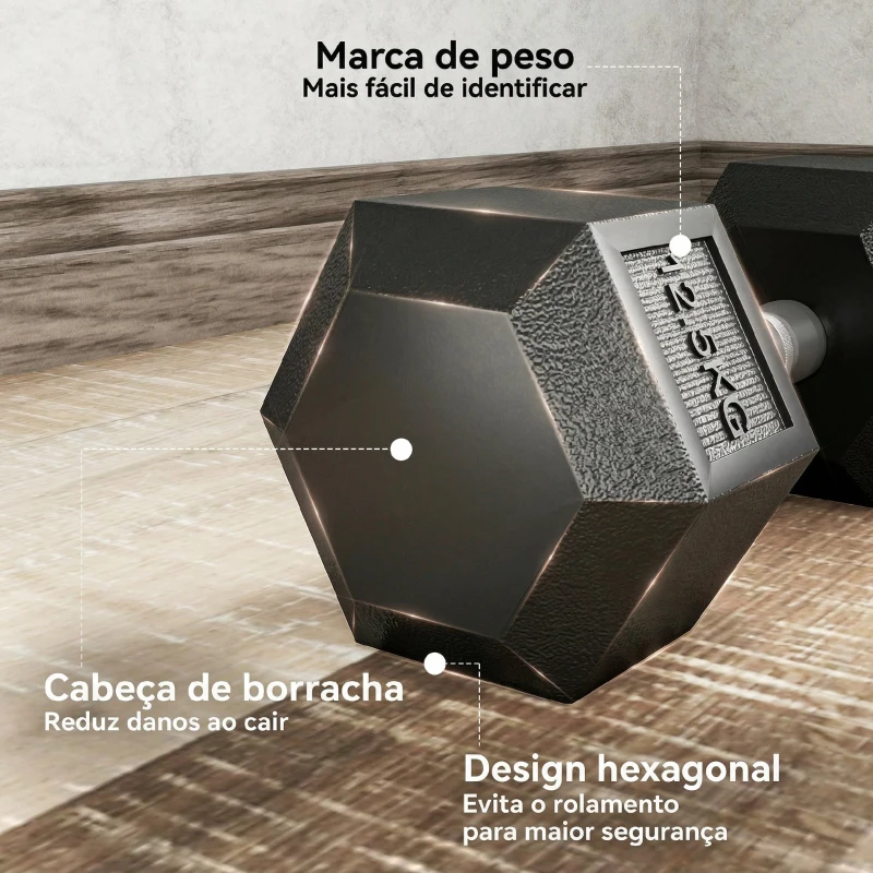 HOMCOM Conjunto de 2 Halteres Hexagonais 12,5 kg (25 kg Total) Ferro Fundido Revestidos em Borracha com Pega Anti-Deslizante  Preto e Prateado