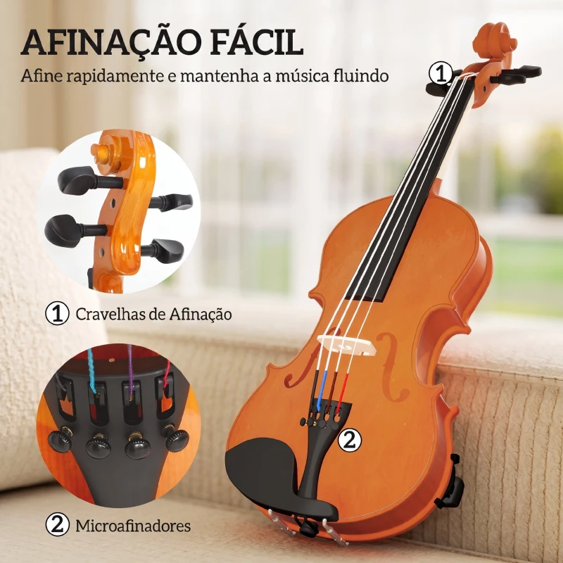 HOMCOM Violino 4/4 em Madeira com Estojo, Arco, Breu, Microafinadores, Cordas e Apoio de Ombro, Castanho