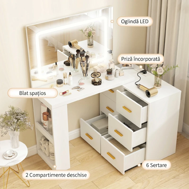 HOMCOM Toaletă pentru Cameră cu Oglindă și Lumini LED Reglabile, 6 Sertare, 2 Rafturi și Prize Electrice, Alb