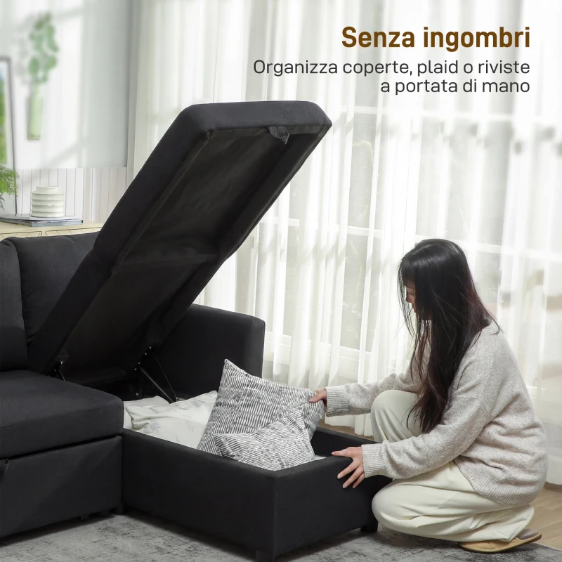HOMCOM Divano Letto Angolare Effetto Lino con Vano Portaoggetti a Scomparsa, 192x148x86 cm, Grigio Antracite