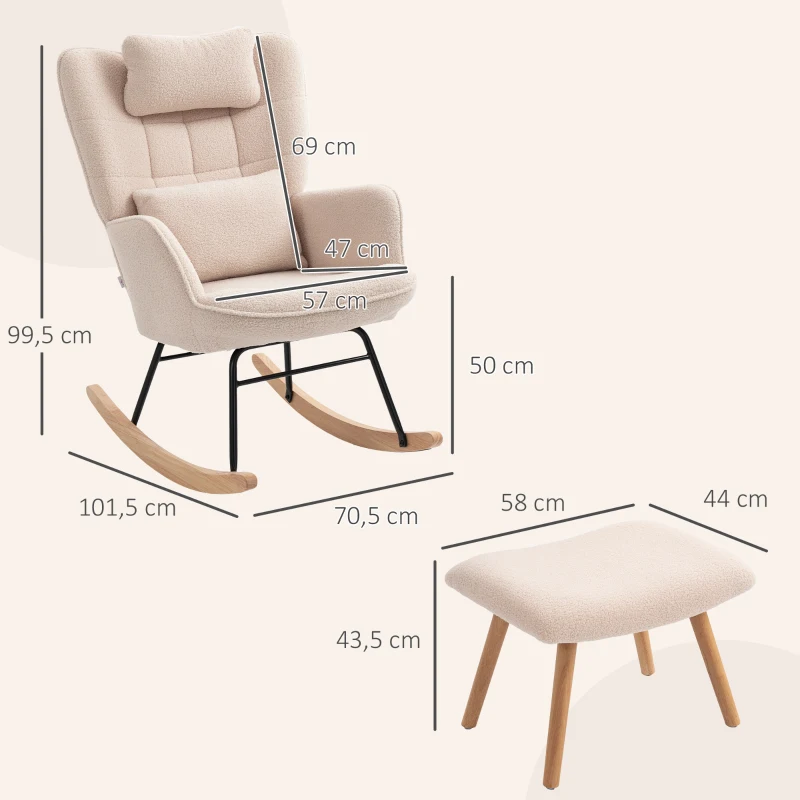 HOMCOM Schaukelstuhl mit Fußhocker, weicher Fleece-Bezug, Holzbeine, Kissen, hohe Rückenlehne, Schaukelsessel, Beige(m-3)