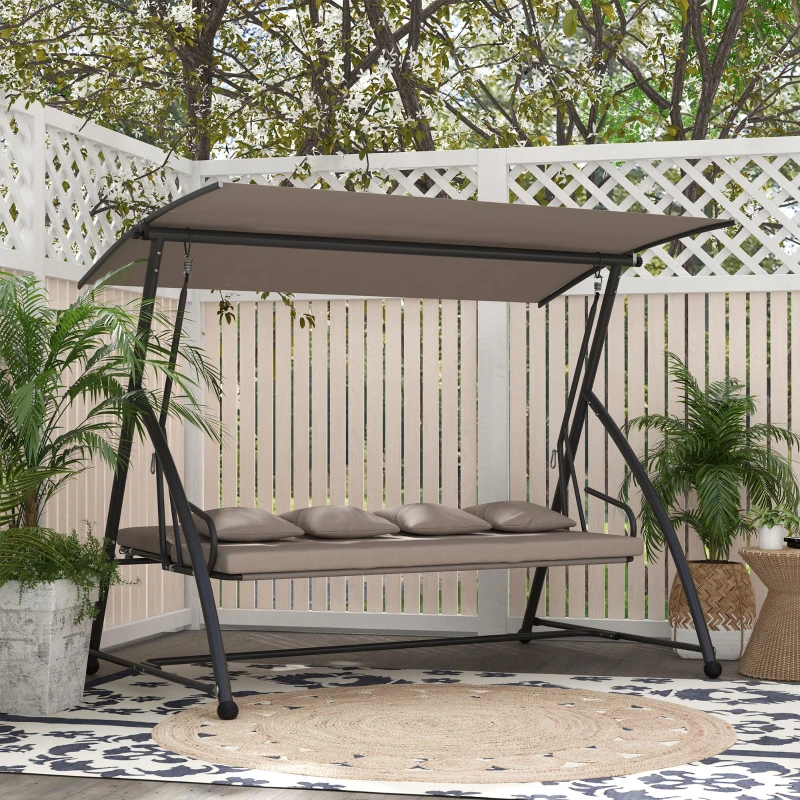 Outsunny 2 in 1 Hollywoodschaukel mit Liegefunktion, 3-Sitzer Gartenschaukel aus Stahl Schaukelbank 170x110x153cm, Hellbraun
