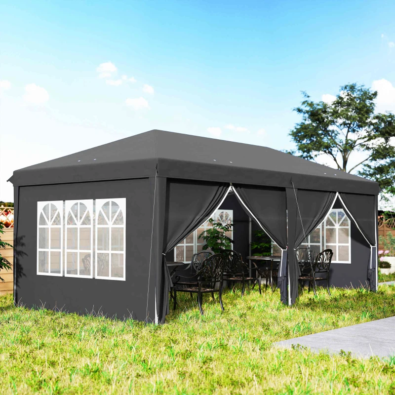 Outsunny Outsunny 3 x 6 m Garden Pop Up Gazebo, Wedding Party Tent Marquee, Water Resistant Awning Canopy with Sidewalls, Windows, Carry Bag, Grey