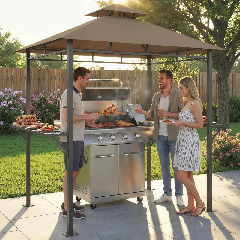 Outsunny Abri barbecue extérieur, tonnelle de jardin 245x146x255cm en métal, double toit, 2 étagères latérales, marron