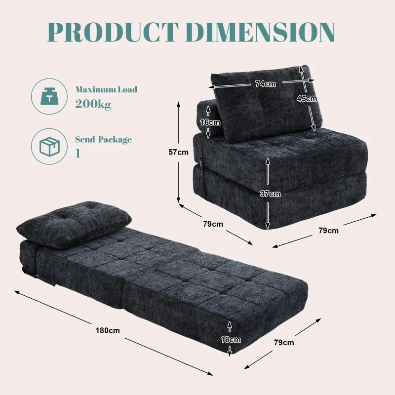 Cozy Convertible Floor Sofa Bed with Button-Tufted Detailing, Soft Chenille Folding Sleeper Couch for Living Room, 180L x 79W x 57H cm, Black
