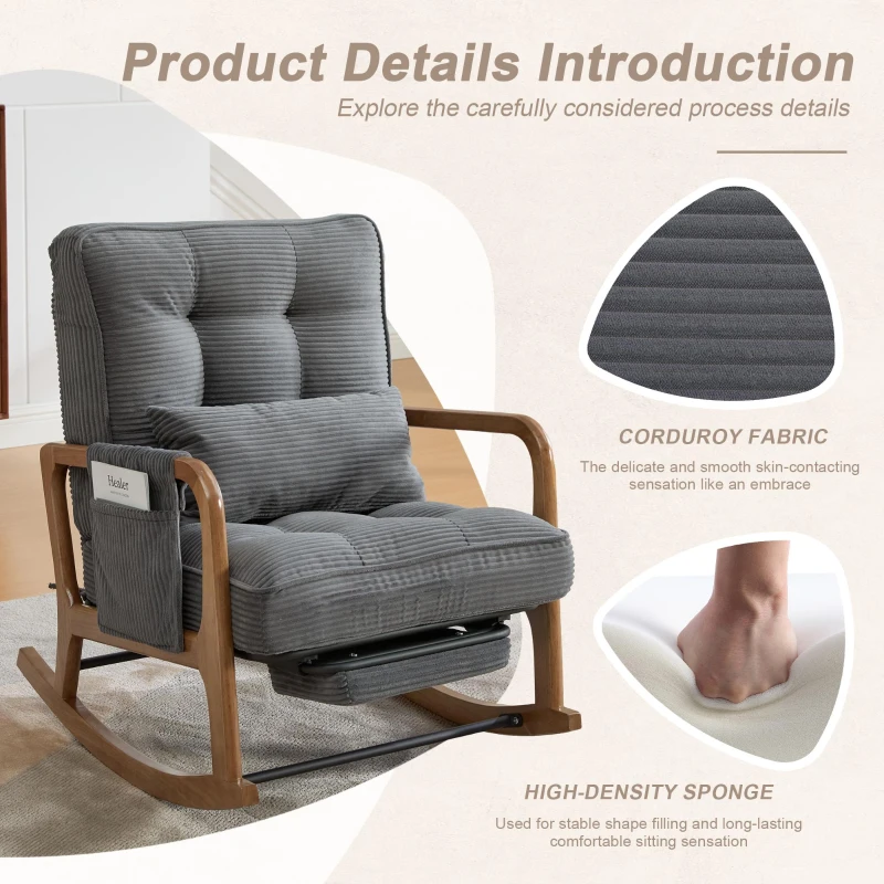Cozy Rocking Chair with Adjustable Footrest and Side Pocket, Soft Corduroy Glider Armchair for Nursery, 92L x 80W x 70H cm, Gray