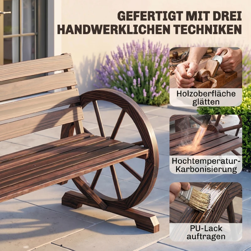Outsunny Gartenbank 2-Sitzer Sitzbank Holzbank Wagenrad mit Armlehne Landhausstil Tannenholz Braun 105,5 x 59 x 75 cm