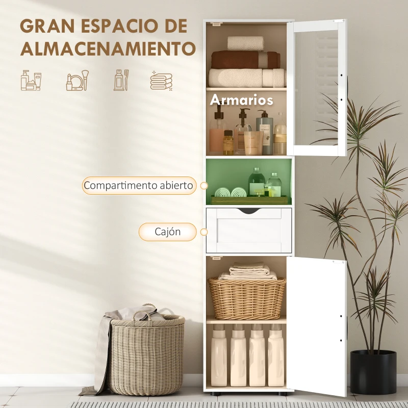 HOMCOM Columna de Baño Estrecha con Puerta de Vidrio Estantes Ajustables Cajón Estante Abierto 40x30x165 cm Blanco