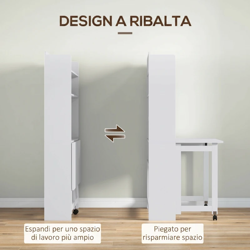 HOMCOM Scrivania Pieghevole con Libreria a 4 Ripiani, 2 Ruote e Foro Passacavi, 80x69x155 cm, Bianco