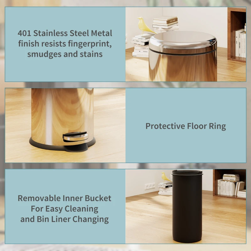 HOMCOM Foot Pedal Bin Stainless Steel Metal Waste Rubbish Lid Kitchen Garbage 30L Silver