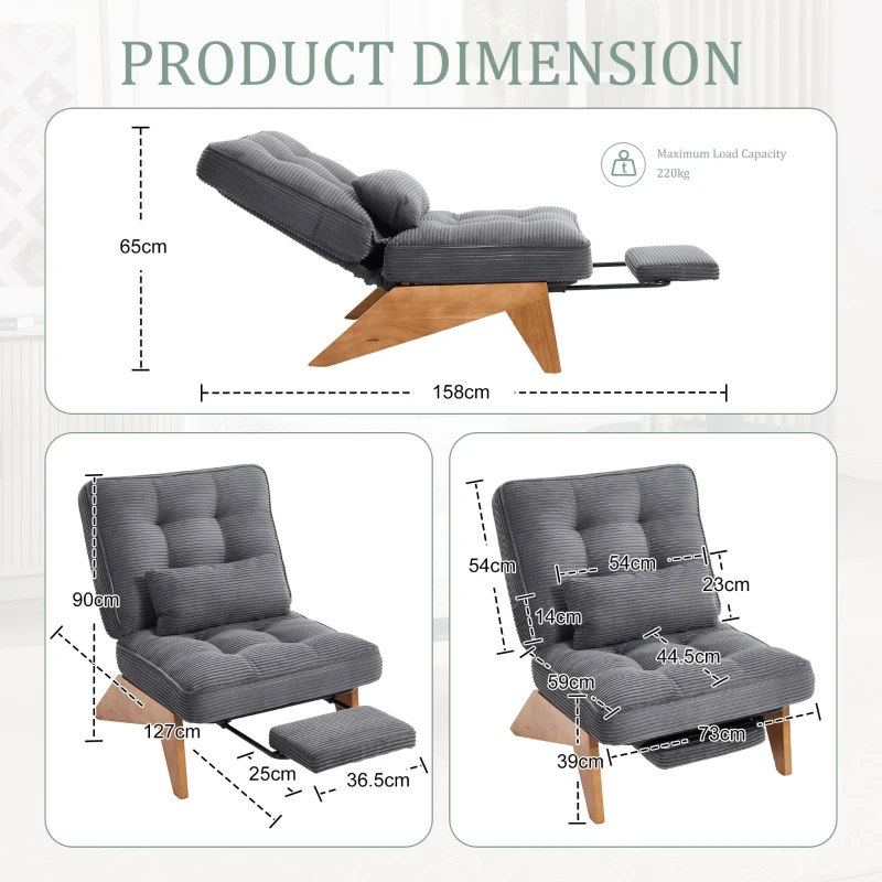 Cozy Reclining Accent Chair with Foldable Ottoman and Lumbar Pillow, Soft Adjustable Lounger for Living Room, 127L x 73W x 90H cm, Dark Gray