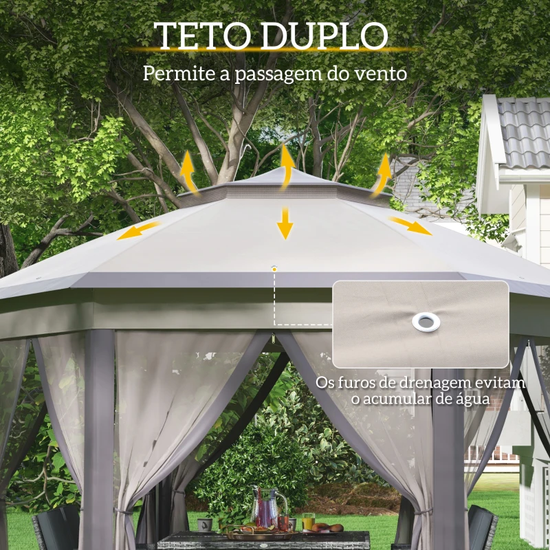 Outsunny Tenda Dobrável 4x3,4 m Hexagonal com Duplo Teto 6 Mosquiteiras Destacáveis e Saco de Transporte Castanho e Bege