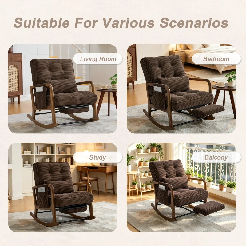 Cozy Rocking Chair with Adjustable Footrest and Side Pocket, Soft Corduroy Glider Armchair for Nursery, 92L x 80W x 70H cm, Coffee