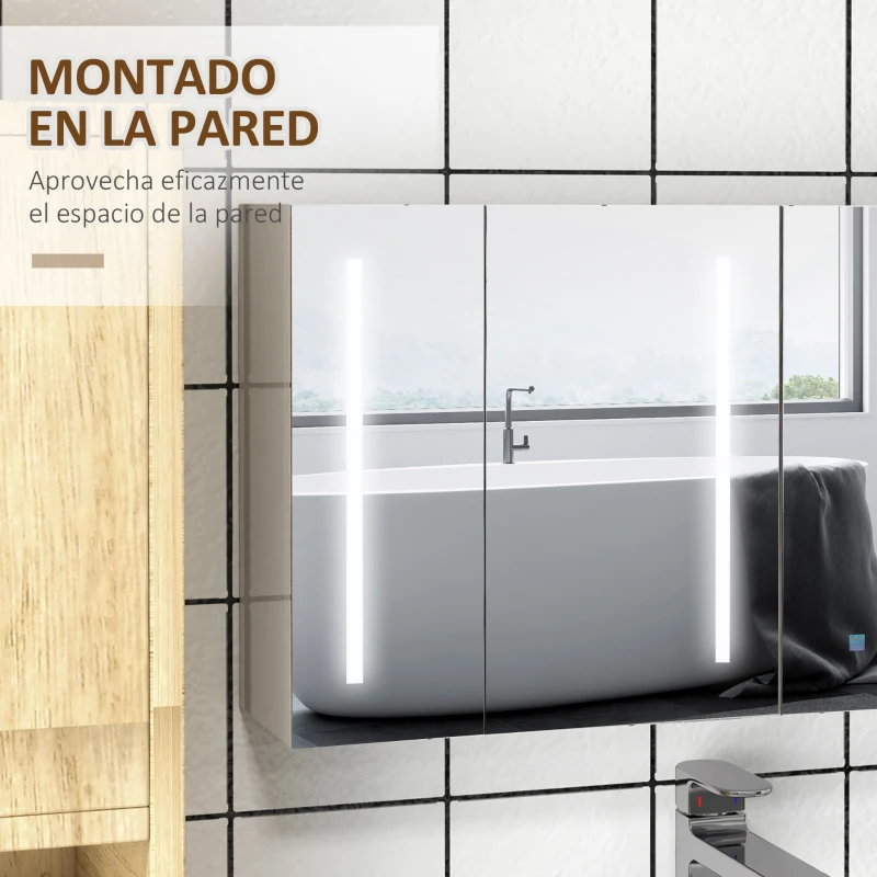 kleankin Armario con Espejo de Baño con 3 Puertas Estantes Ajustables Interruptor Táctil y USB 90x15x70 cm Blanco Brillante