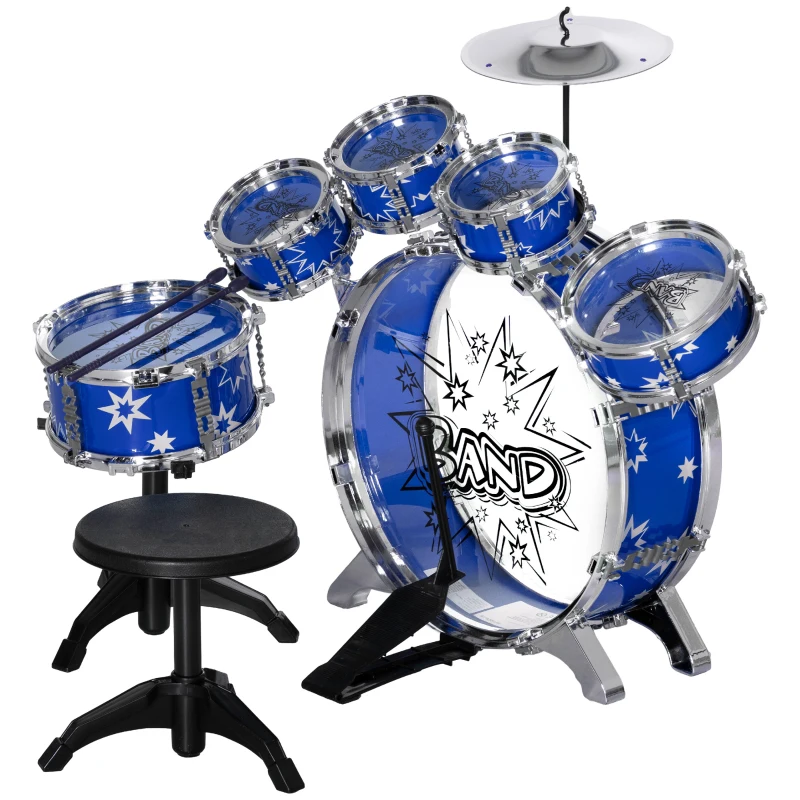 AIYAPLAY Batería para Niños de +3 Años con Tambores Bombo Platillo Pedal y Baquetas Diseño con Tema de Estrellas 65x22x57 cm Azul