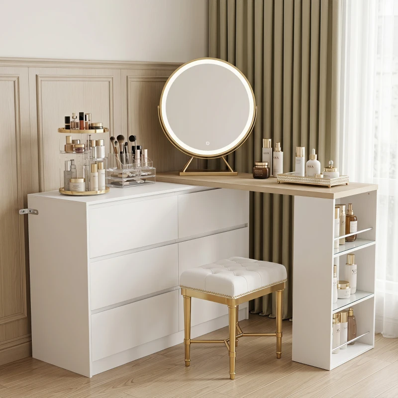 HOMCOM Vanity Table, Dressing Table with 6 Drawers and 3-Tier Shelf for Women and Girls, White
