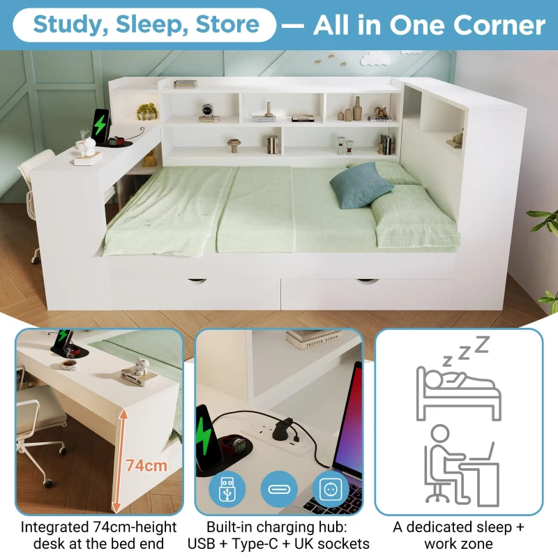 4ft6 Double Daybed with Built-In Desk and Storage Drawers, Modern Wooden Frame Sleeper Bed for Home Office, 263L x 159W x 100H cm, White