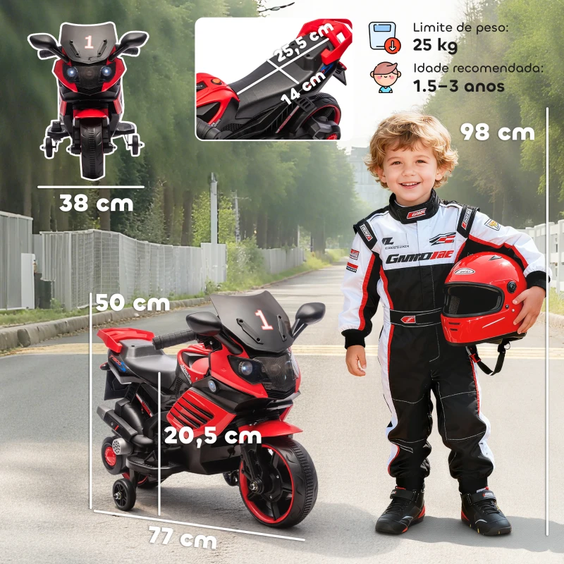 AIYAPLAY Motocicletă Electrică pentru Copii 18-36 luni, 6V, cu Roți Detașabile, Faruri și Melodii, Roșu