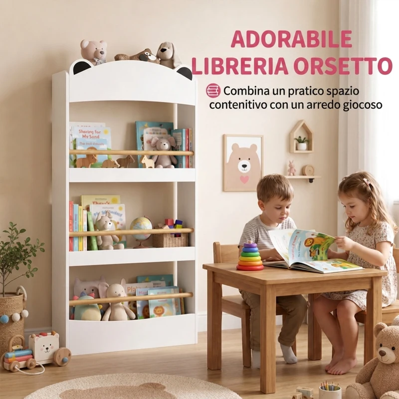 AIYAPLAY Libreria Montessoriana per Bambini 3-8 Anni a Forma di Orso con 4 Ripiani in Legno, 50x15x97 cm, Bianco