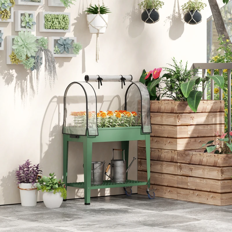 Outsunny Huerto Urbano Elevado con Ruedas Cubierta de Invernadero y Estante Inferior para Cultivo Plantas 80x40x120 cm Verde