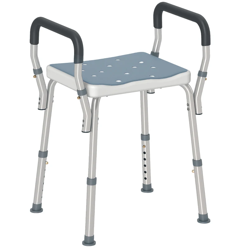 HOMCOM Sgabello per Doccia Regolabile con Braccioli e Fori di Drenaggio, in Alluminio, HDPE e EVA, 52x45x57-69 cm