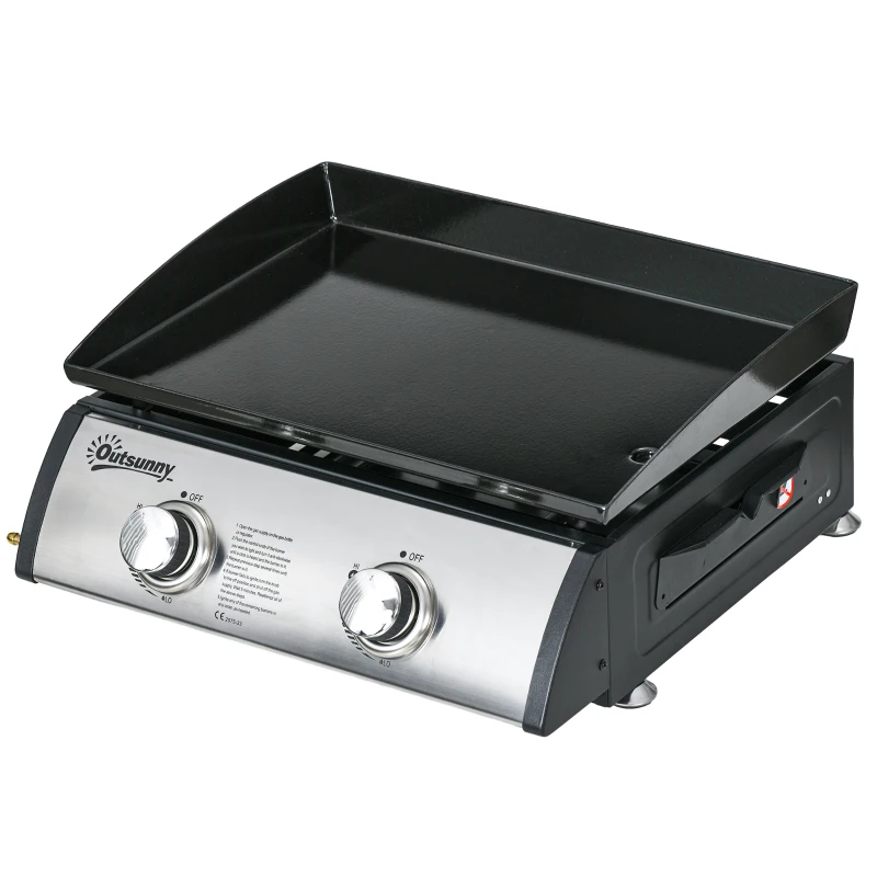 Outsunny Gas Plancha Barbecue Grill with 2 Stainless Steel Burner, 5kW, Portable Tabletop Gas BBQ with Non-Stick Griddle for Camping Picnic Garden Party Festival
