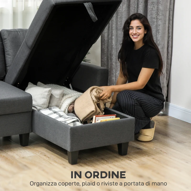 HOMCOM Divano Letto 3 Posti con Chaise e Spazio Contenitore, in Tessuto Effetto Lino, 197x129x85 cm, Grigio Carbone