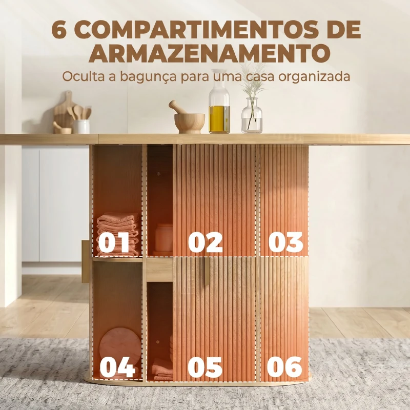 HOMCOM Mesa de Jantar Oval para 6 Pessoas com Tampo Espesso, Portas de Correr Tipo Persiana, 6 Compartimentos, Carvalho