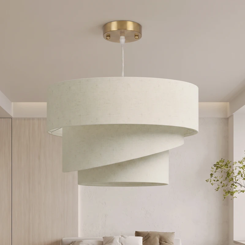 HOMCOM Suspension Luminaire à 3 Abat-Jour Effet Lin, Ampoule Non Incluse E14 40 W, Câble Réglable, Rosace Dorée, Beige