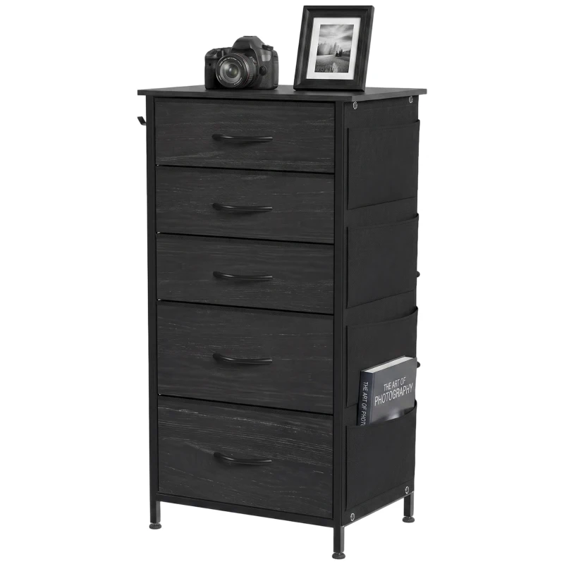 HOMCOM Chest of Drawers, Dresser with 5 Fabric Drawers, Tall Storage Unit with 4 Pockets and 2 Hooks, Steel Frame, Black