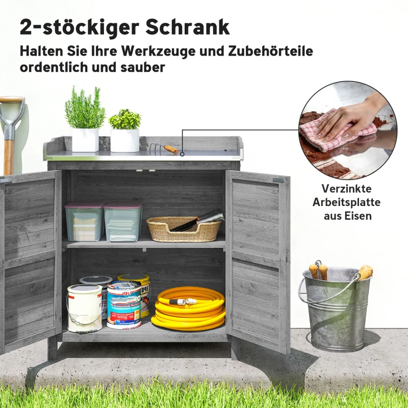Outsunny Gartenschrank mit Pflanztisch, Holz Geräteschuppen mit verzinkter Arbeitsplatte 2 Regalböden Grau
