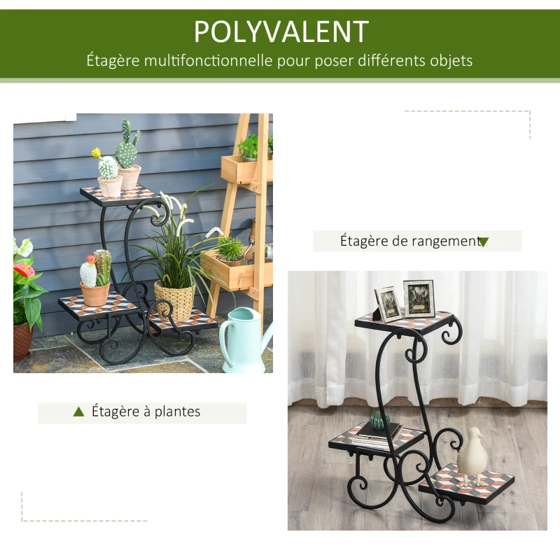 Outsunny Porte plante fer forgé mosaïque - étagère de pots de fleurs - dim. 61L x 24l x 59H cm - métal époxy céramique