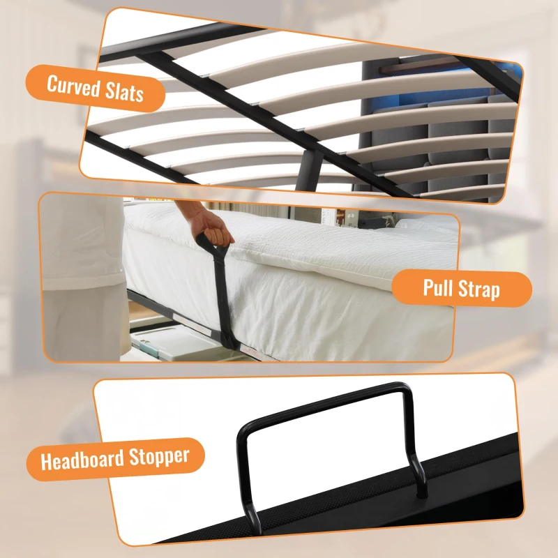 Vintage-Look King Bed with LED Lighting, Stylish Bed Frame with Gas-Lift Under-Bed Storage Space, 210L x 185W x 117H cm, Grey