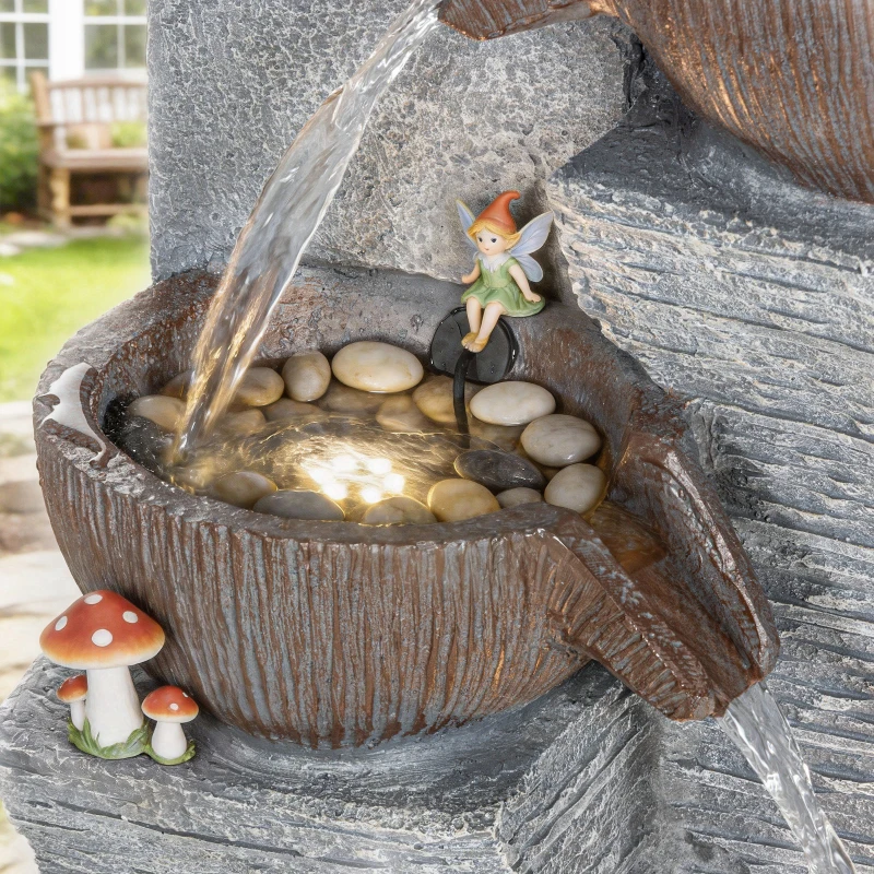 Outsunny Outdoor Fountain with 5-Tier, Garden Fountain with LED Lights, Adjustable Flow, Grey and Rustic Brown