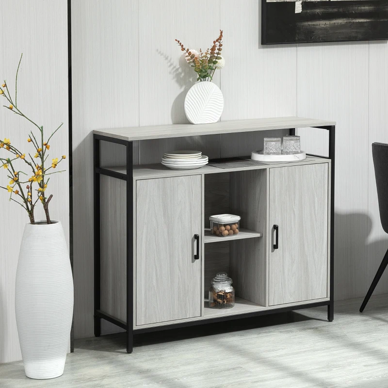 HOMCOM Credenza Moderna in Legno con 2 Armadietti e Ripiani, Mobile Cucina e per Ingresso Grigio Chiaro, 100x34x87.2cm