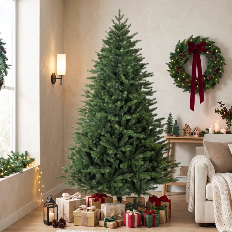 HOMCOM Brad de Crăciun artificial 180 cm cu suport din lemn de pin, brad nordic cu sistem pliant, 889 vârfuri de ramuri, verde