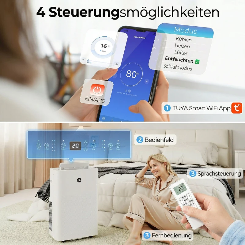 HOMCOM Tragbares Klimagerät mit 12.000 BTU, 4-in-1 Klimaanlage mit WiFi- und Sprachsteuerung, Kühlung, Entfeuchter, Ventilator, Schlafmodus