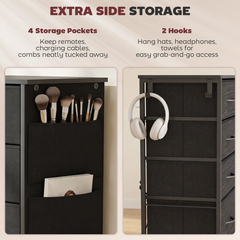 HOMCOM Chest of Drawers, Dresser with 8 Fabric Drawers, Tall Storage Unit with 4 Pockets and 2 Hooks Steel Frame, Black