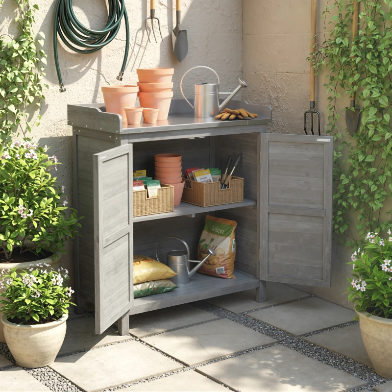 Outsunny Gartenschrank mit Pflanztisch, Holz Geräteschuppen mit verzinkter Arbeitsplatte 2 Regalböden Grau