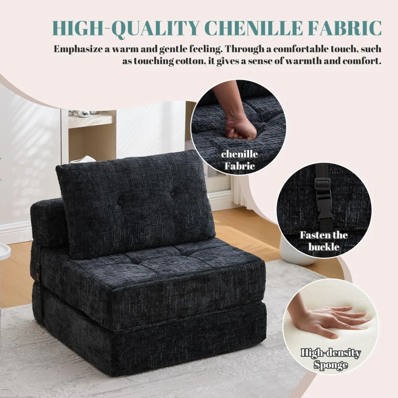 Cozy Convertible Floor Sofa Bed with Button-Tufted Detailing, Soft Chenille Folding Sleeper Couch for Living Room, 180L x 79W x 57H cm, Black