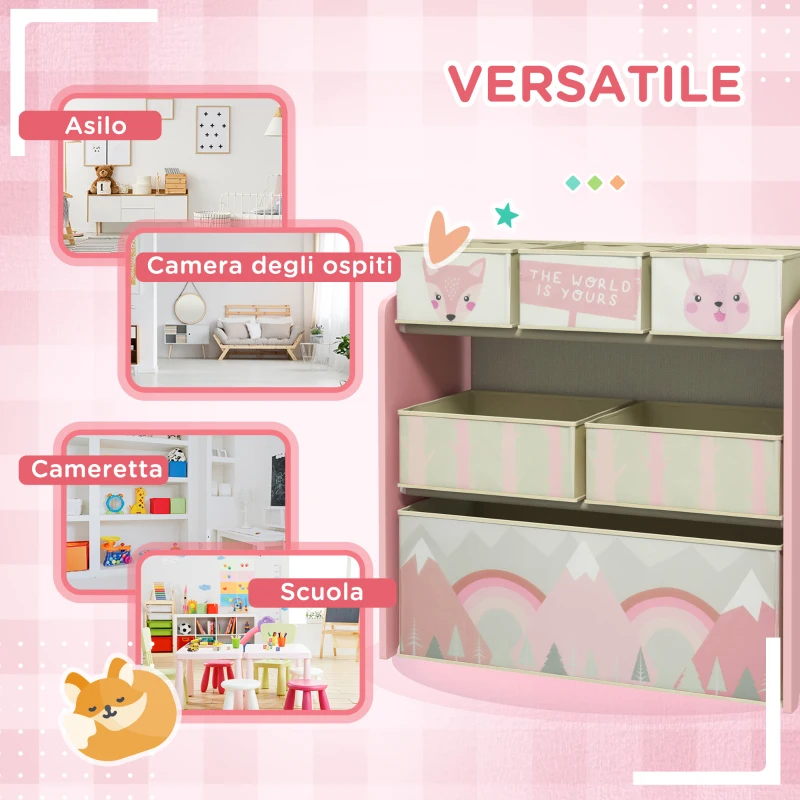 ZONEKIZ Scaffale Portagiochi per Bambini con 6 Contenitori Rimovibili in Tessuto, 63x30x66cm, Rosa