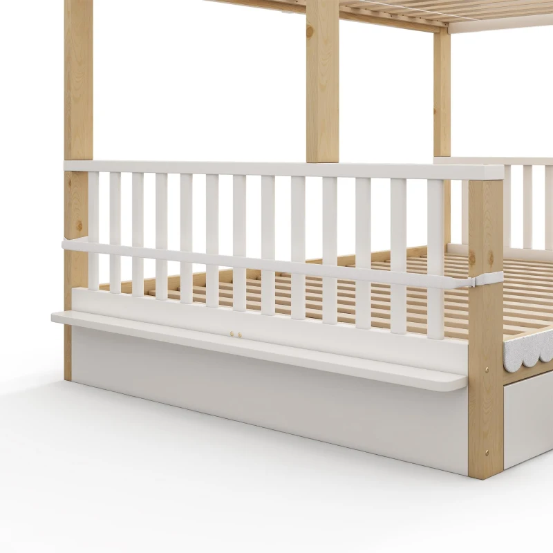 Playful Wooden Bunk Bed Frame with Storage Drawers, Solid Pine Twin Over Full Sleeper Bed for Kids Room, 195L x 140W x 154H cm, Natural+White